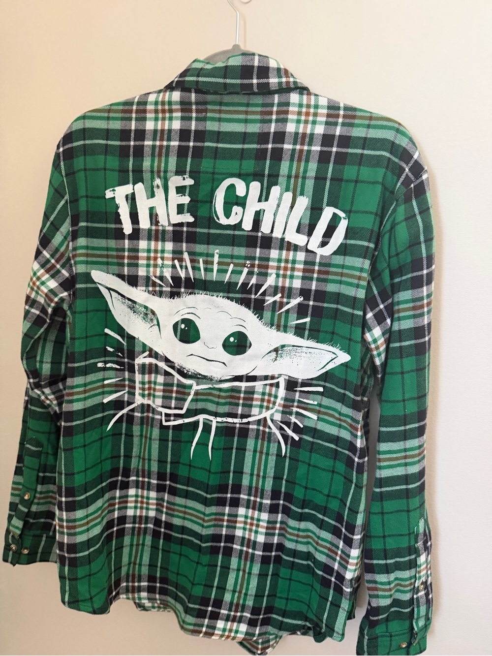 Cakeworthy Green Plaid Button-Down Shirt with 'The Child' Graphic